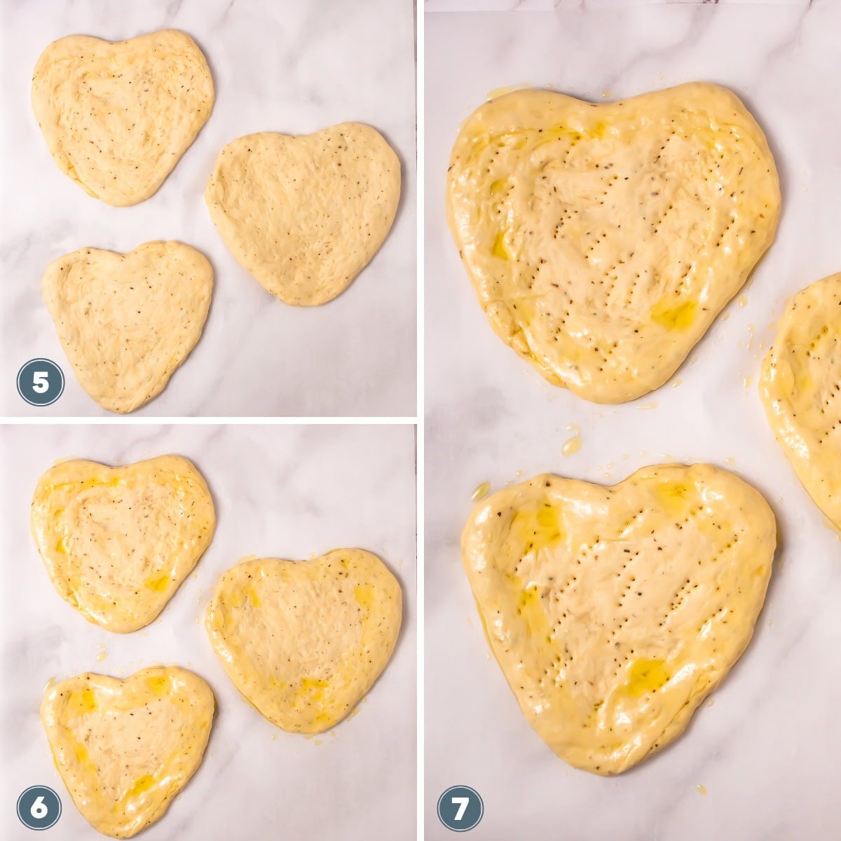 Three heart-shaped dough pieces, then brushed with egg wash and fork-docked.