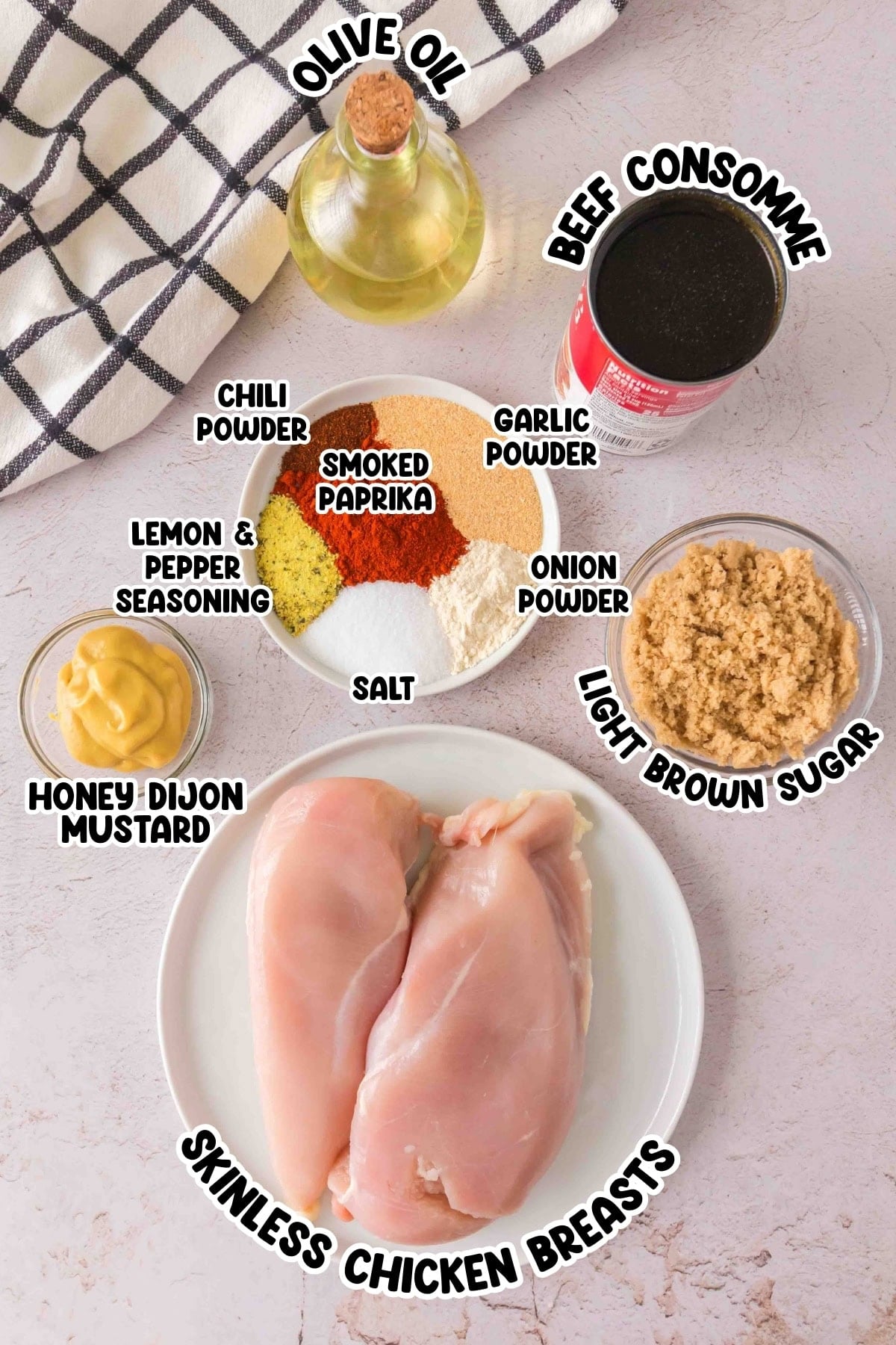 Ingredients for chicken recipe, including spices, oil, mustard, sugar, and chicken breasts.