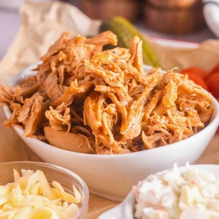 Shredded barbecue chicken in a white bowl with cheese and coleslaw nearby.