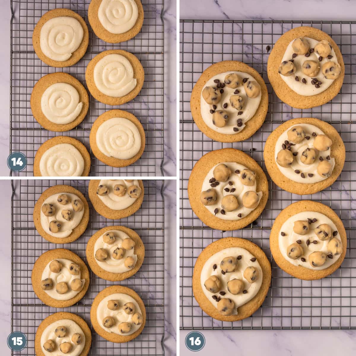 Four cookies on a cooling rack, topped with frosting and cookie dough balls.