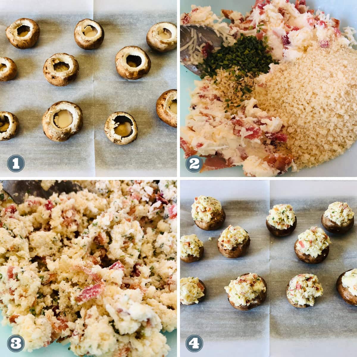 Showing mushrooms being stuffed with a creamy breadcrumb filling.