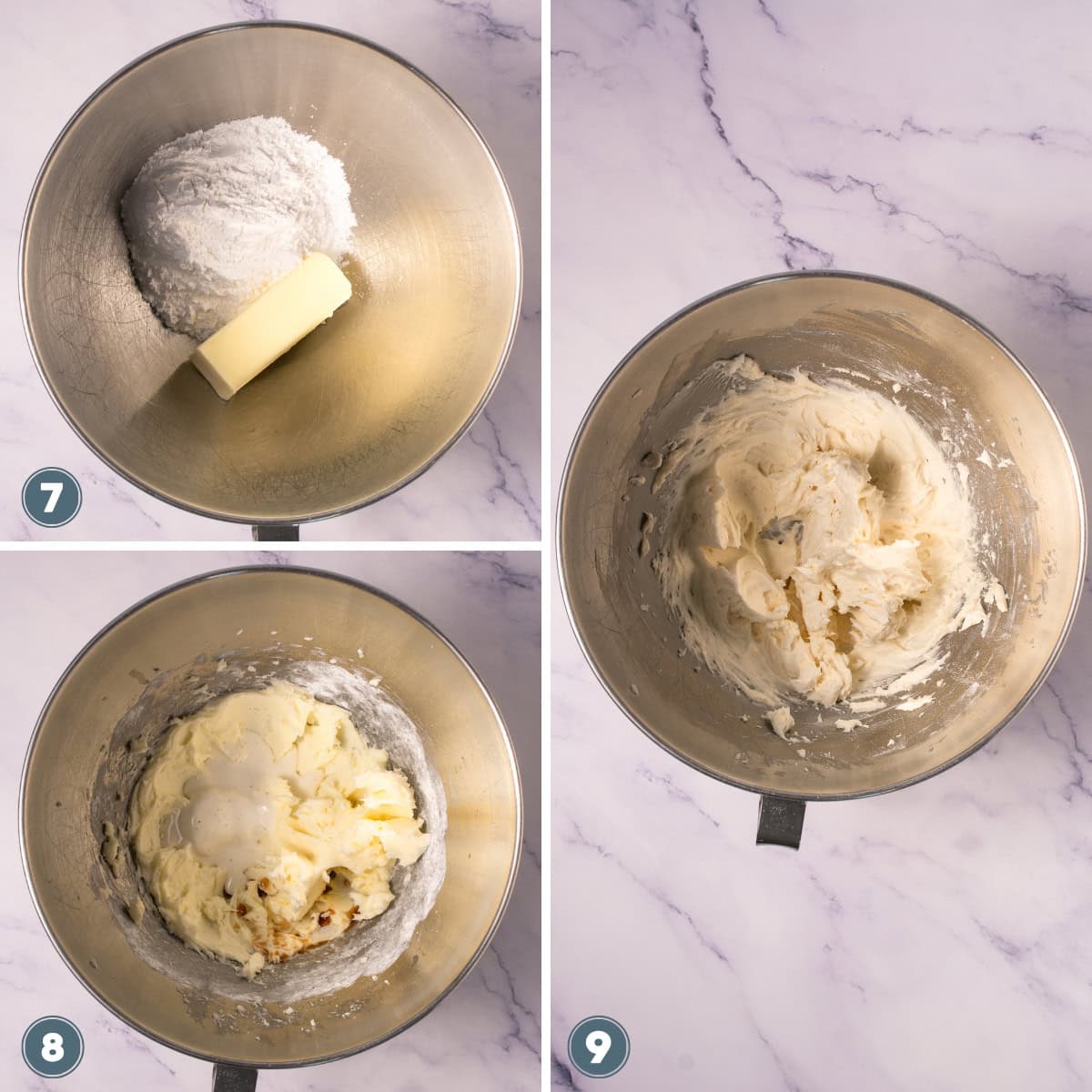 Three overhead images show stages of mixing butter, sugar, and wet ingredients in a bowl.