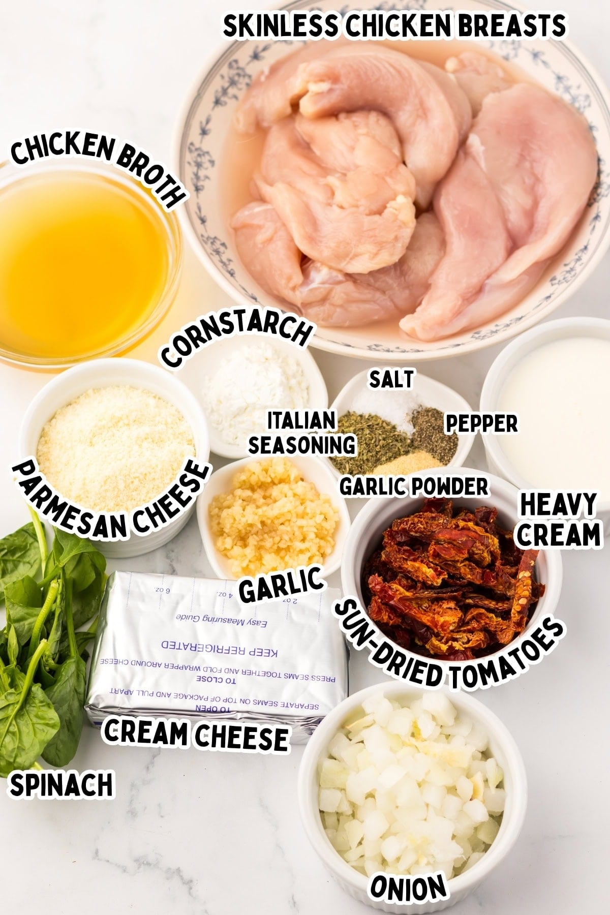 Labeled ingredients for a creamy chicken dish, including chicken, cheese, and spices.