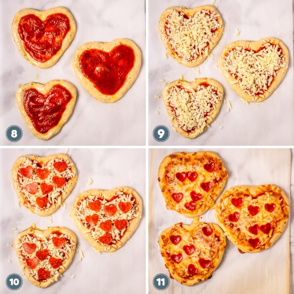 Four steps showing heart-shaped pizzas with sauce, cheese, pepperoni, then baked.