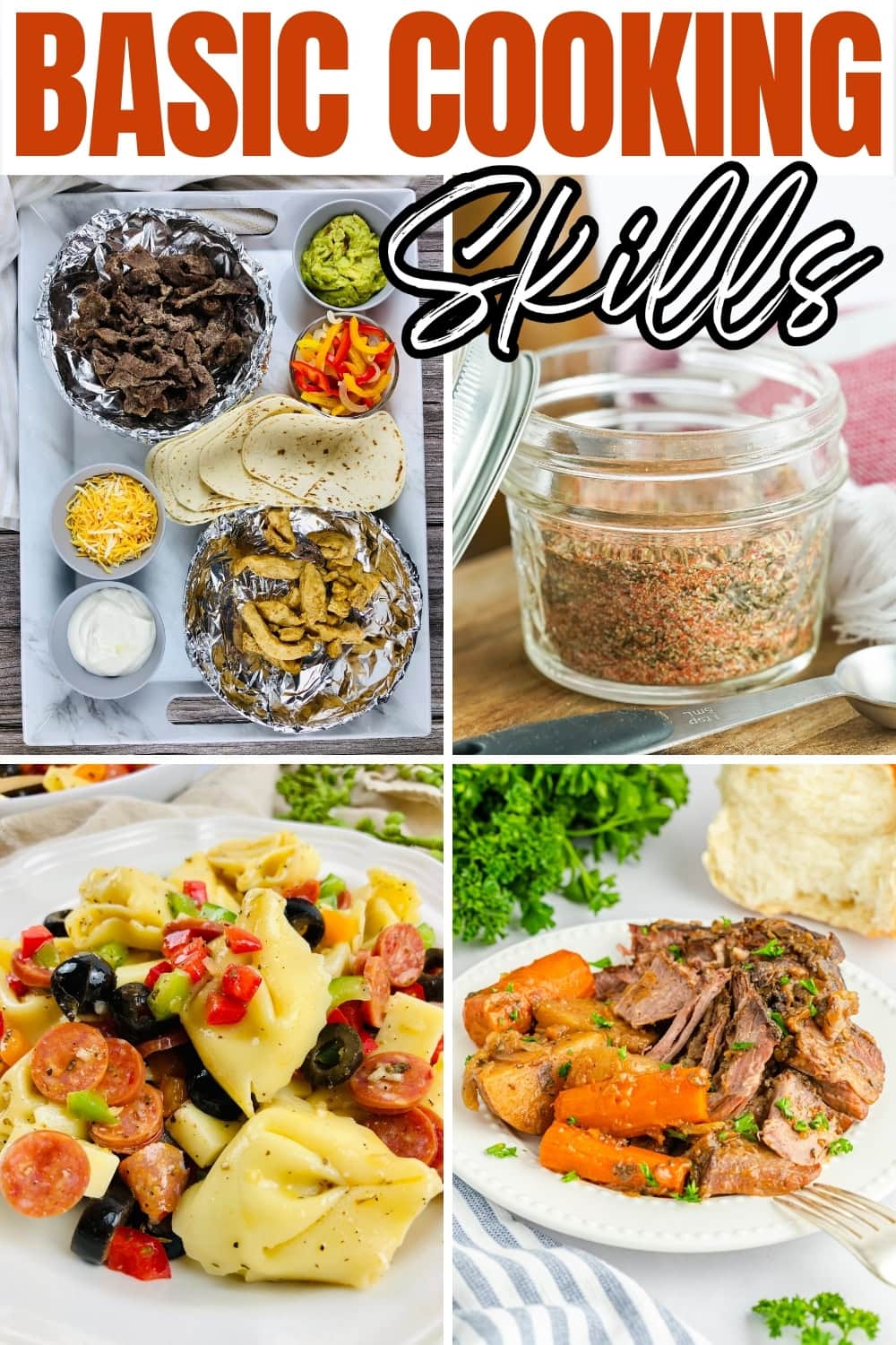 Tacos, seasoning, pasta salad, and beef roast with carrots.