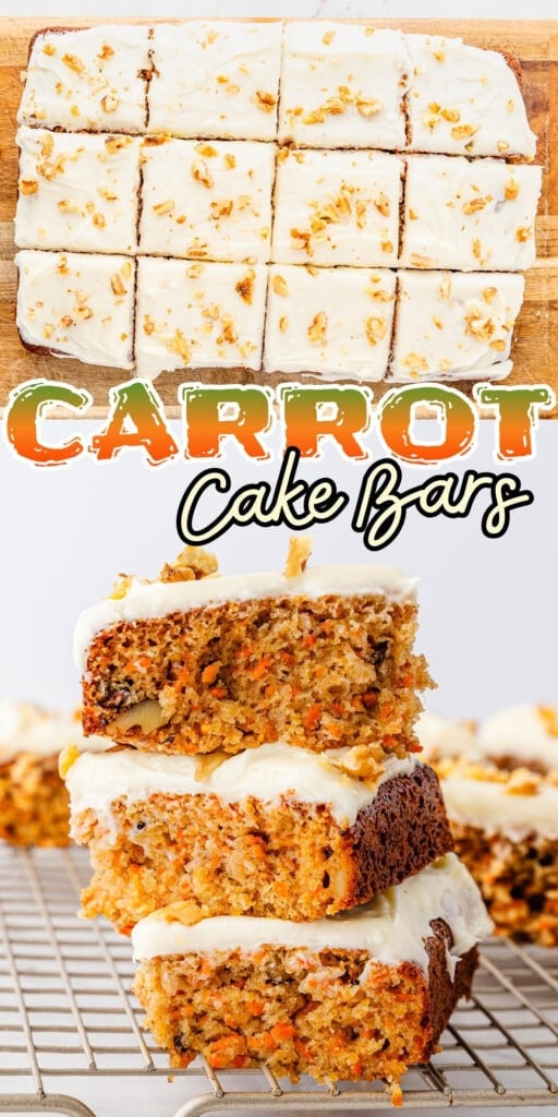 Frosted carrot cake bars with nuts, shown sliced and stacked on a cooling rack.