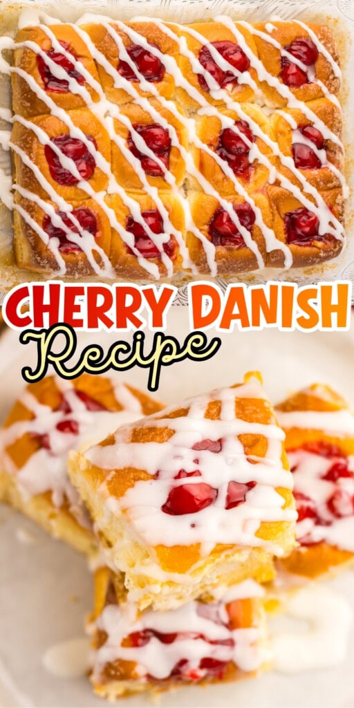 Cherry danish pastries with icing drizzle, shown whole and cut into squares.