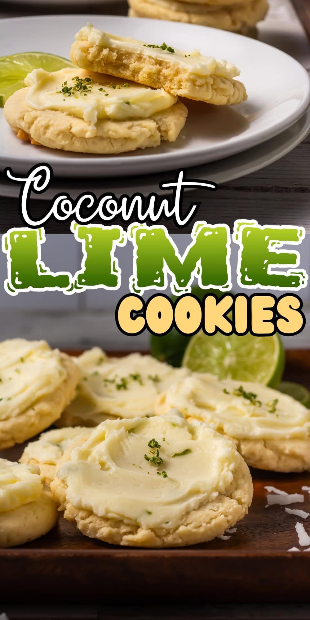 Coconut lime cookies with frosting and lime slices on plates and wooden board.
