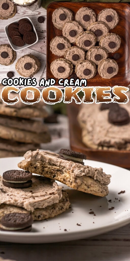 Cookies and cream cookies topped with mini chocolate sandwich cookies on plates.