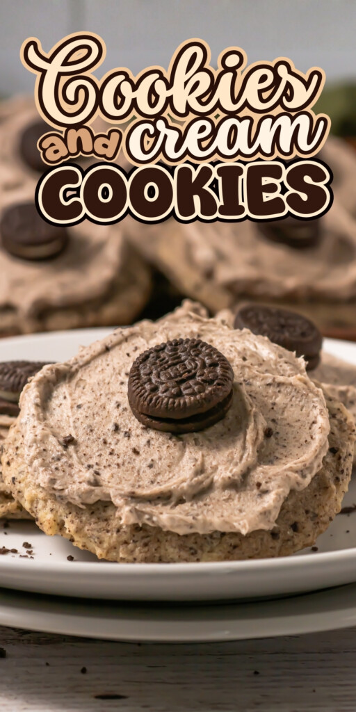 Cookies and cream cookies topped with cream and a mini chocolate sandwich cookie.