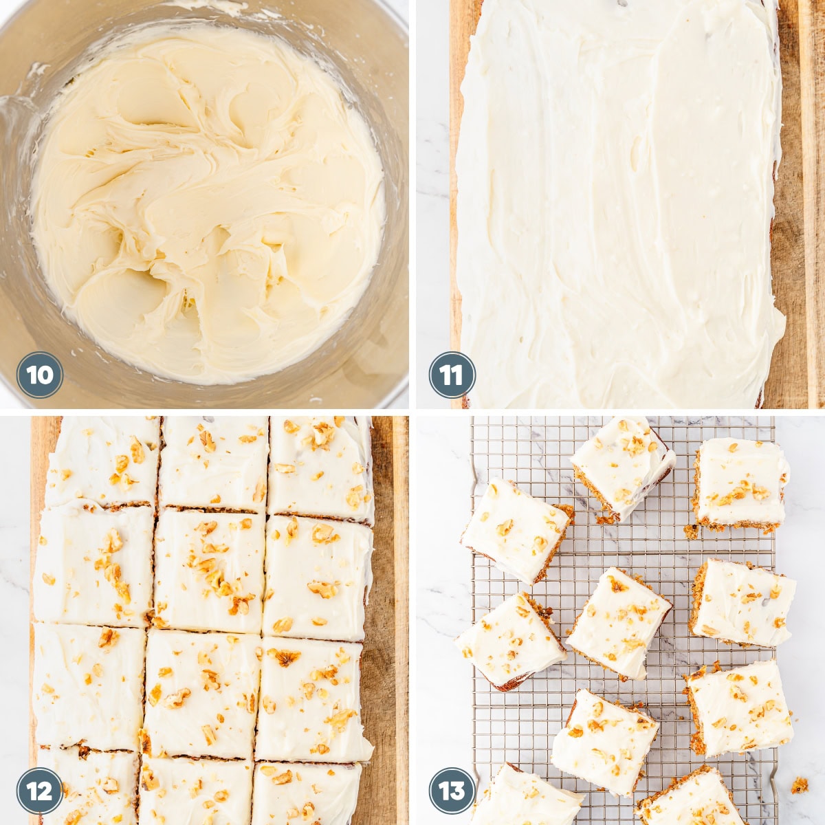 Creamy frosting, spreading it, cutting, and frosted cake squares.