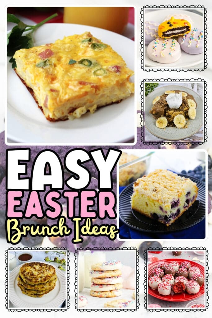 Colorful Easter brunch dishes, including egg bakes, cakes, and cookies.