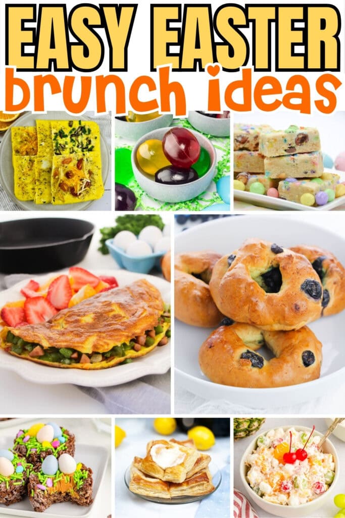Colorful Easter brunch foods like eggs, breads, and pastries.