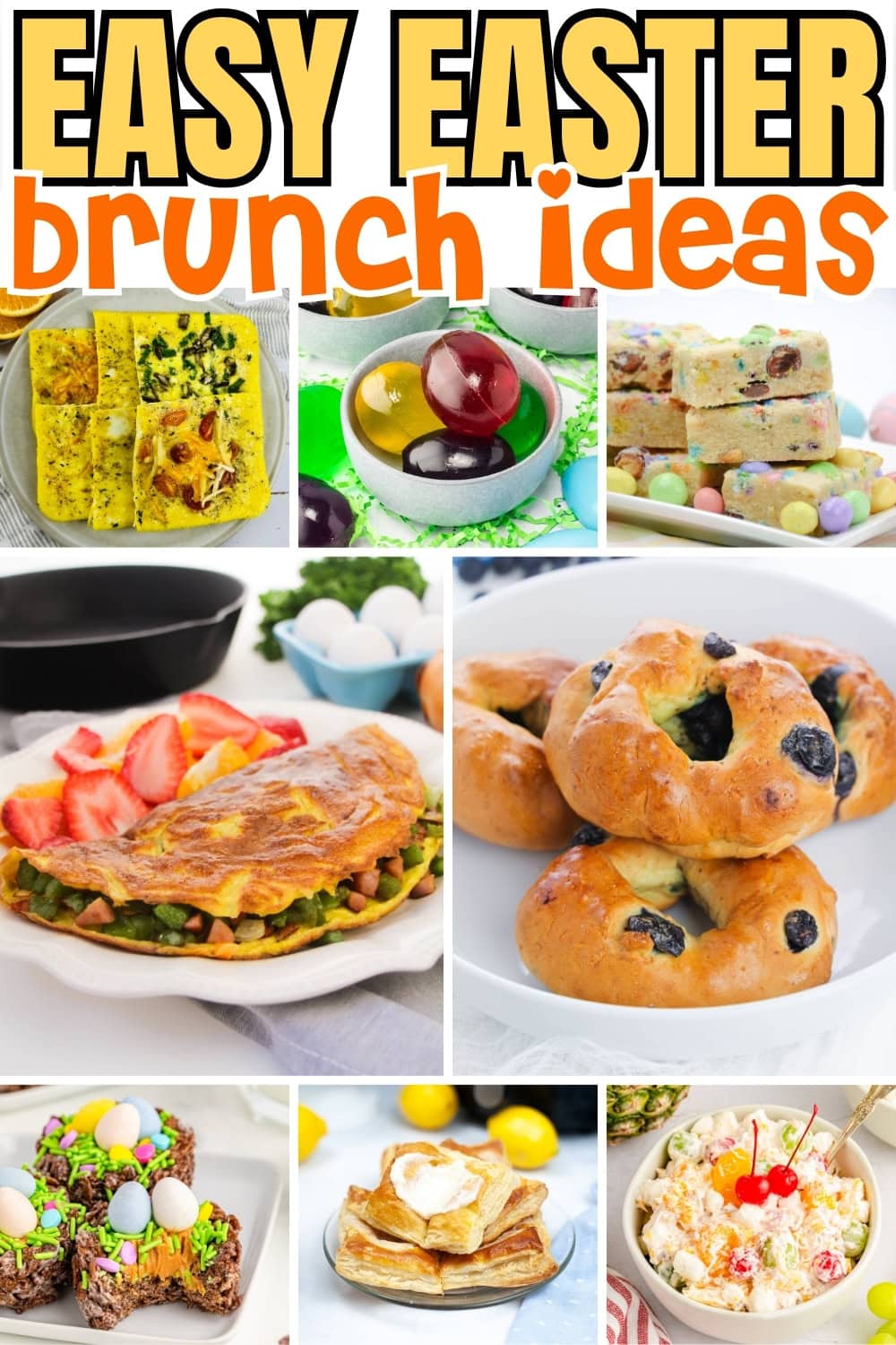 Colorful Easter brunch foods like eggs, breads, and pastries.