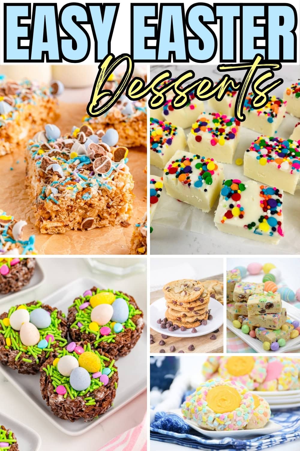 Colorful, festive Easter desserts with sprinkles and pastel candies.