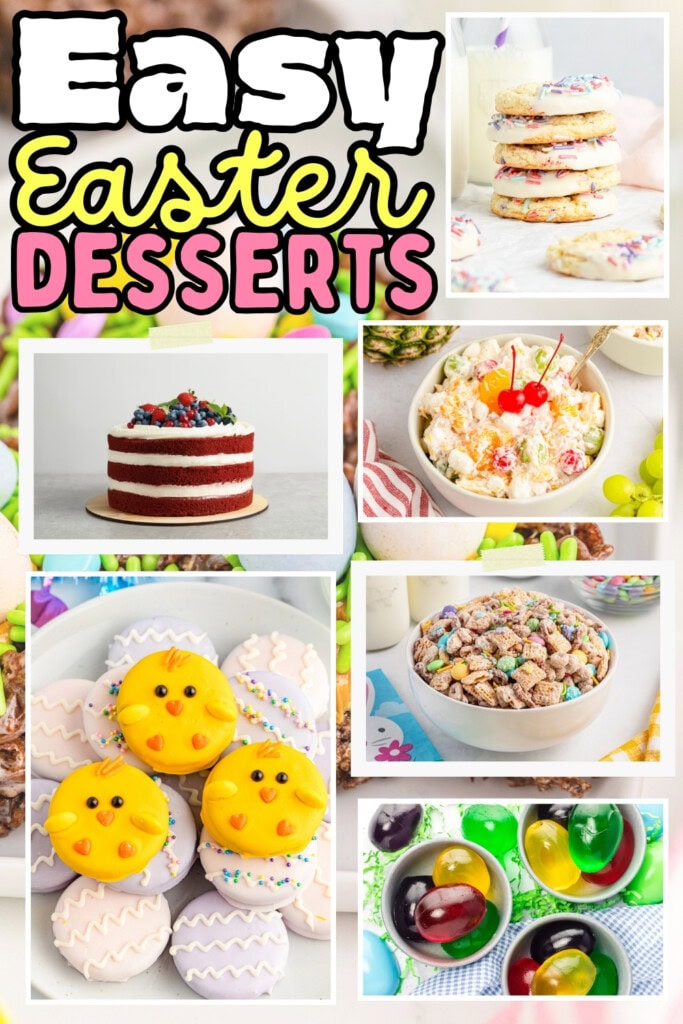 Colorful, festive Easter desserts including cookies, cakes, and candies.