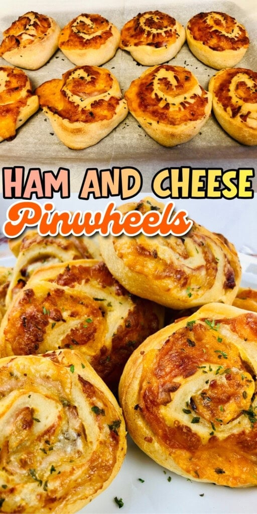 Golden ham and cheese pinwheels on a tray and close-up on a white plate.