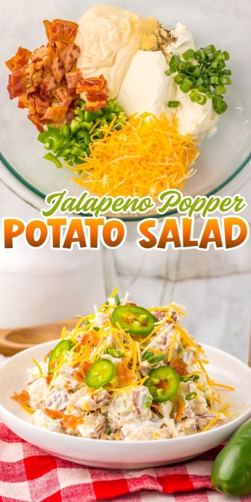 A bowl of jalapeño popper potato salad topped with cheese, bacon, and jalapeños.