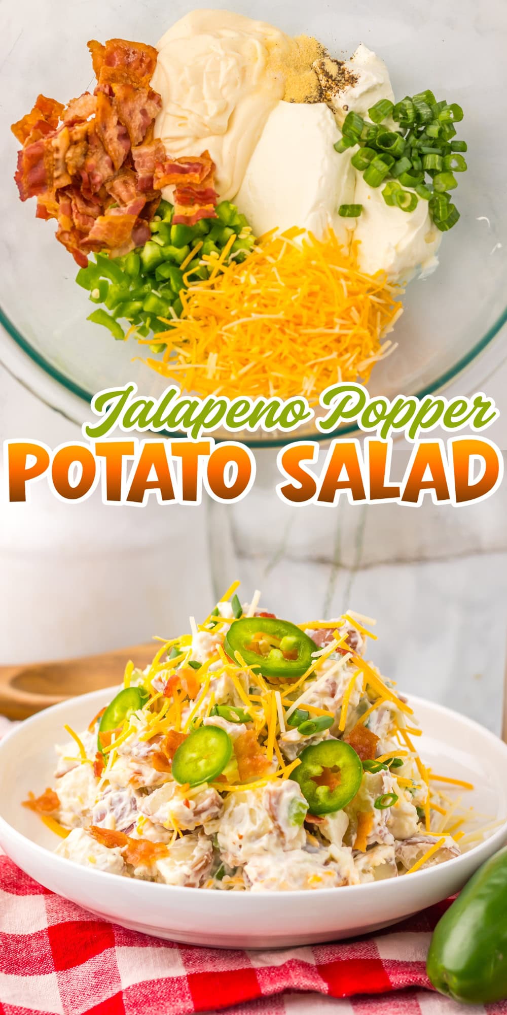 A bowl of jalape&ntilde;o popper potato salad topped with cheese, bacon, and jalape&ntilde;os.