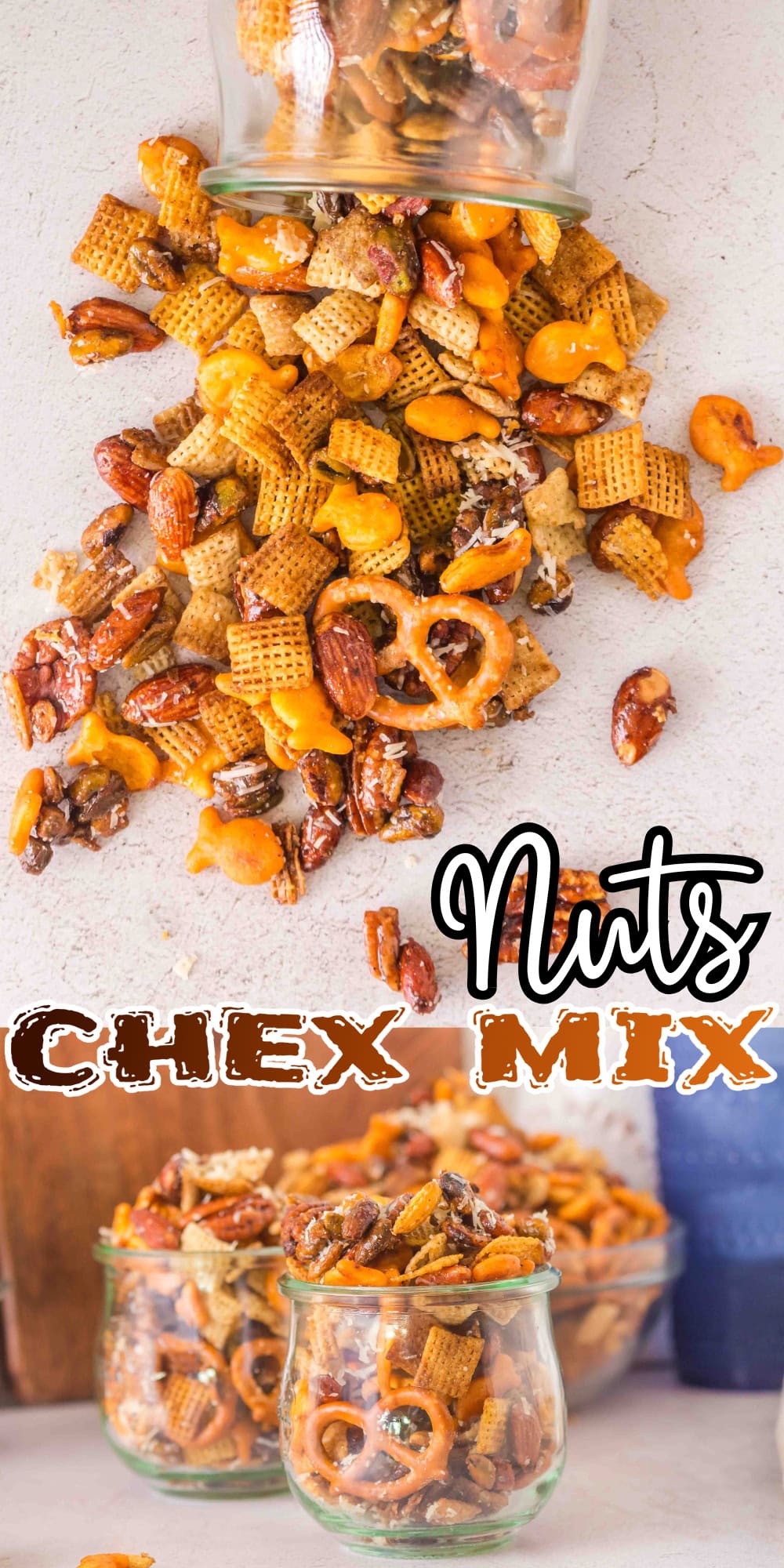 Nuts and Chex mix spilling from a jar, with more mix in jars below.