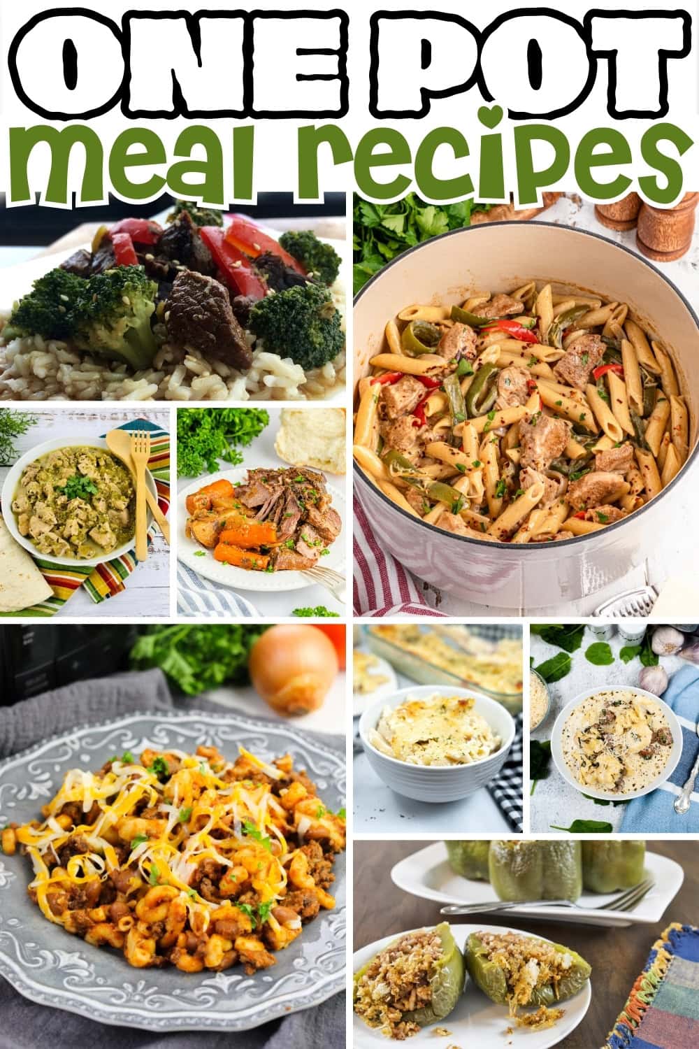 Various one pot meals, including pasta, rice, and vegetables.