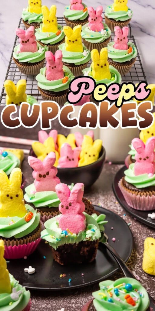 Colorful cupcakes with green frosting, topped with yellow and pink marshmallow bunnies.