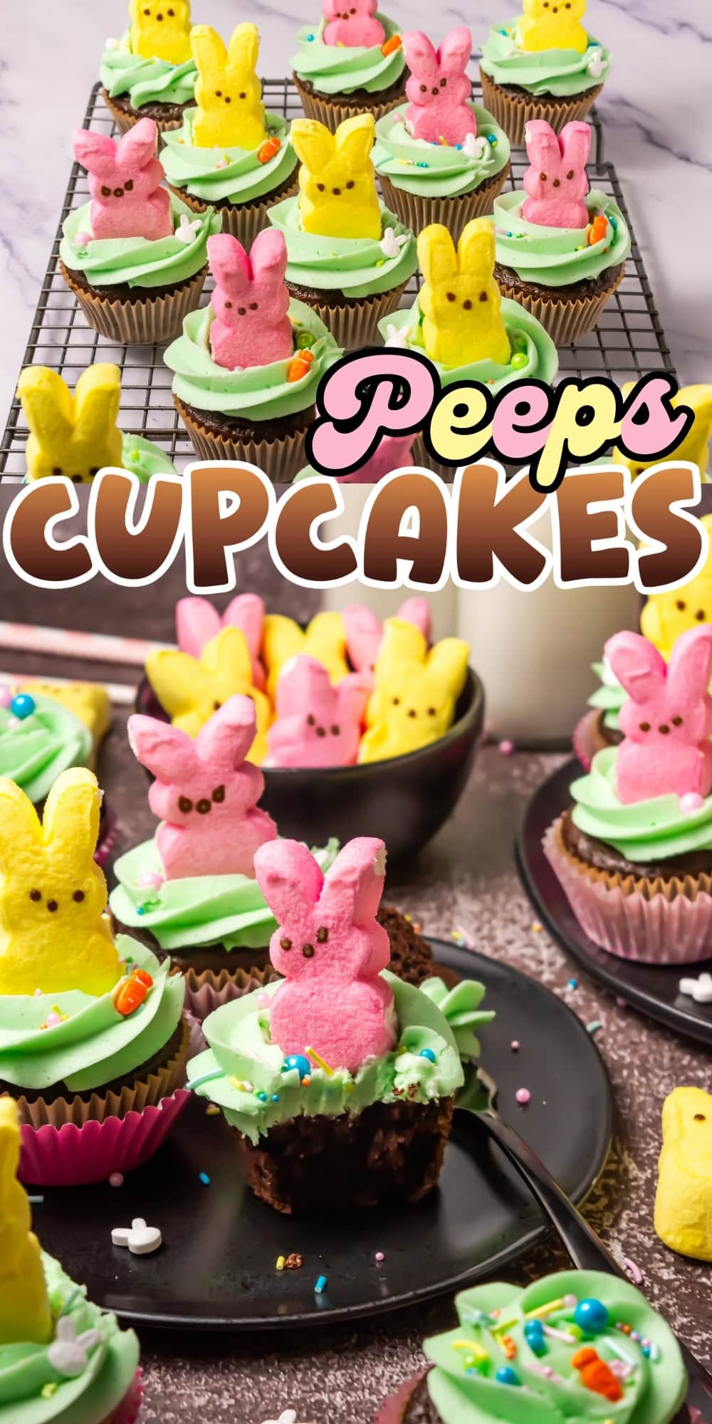 Colorful cupcakes with green frosting, topped with yellow and pink marshmallow bunnies.