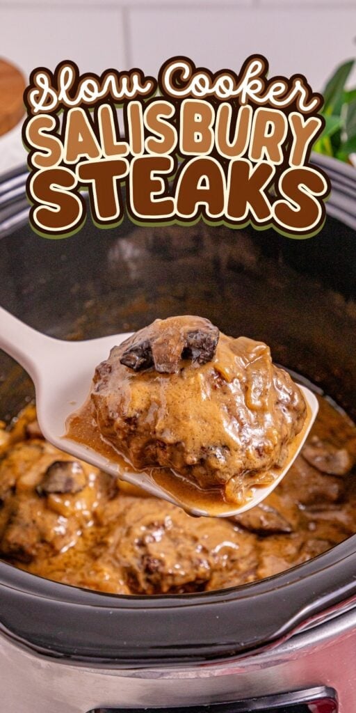 A spoon lifts Salisbury steak with gravy from a slow cooker.
