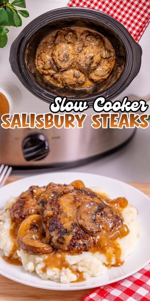 Slow cooker salisbury steaks served over mashed potatoes with gravy and mushrooms.