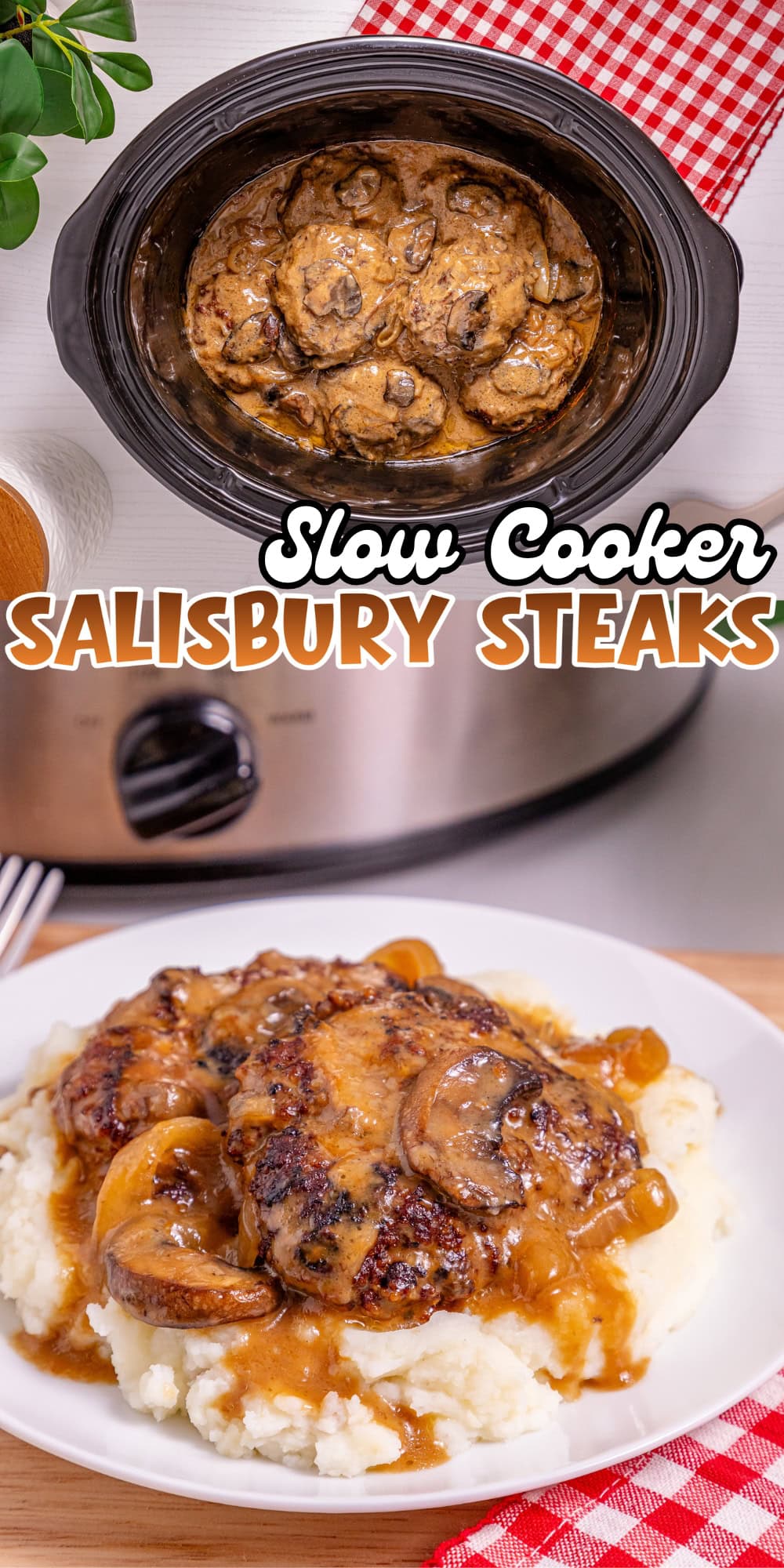 Slow cooker salisbury steaks served over mashed potatoes with gravy and mushrooms.
