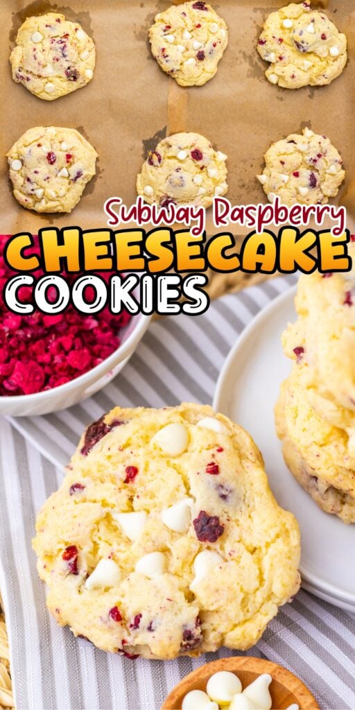 White chocolate and raspberry cookies on parchment and a plate.