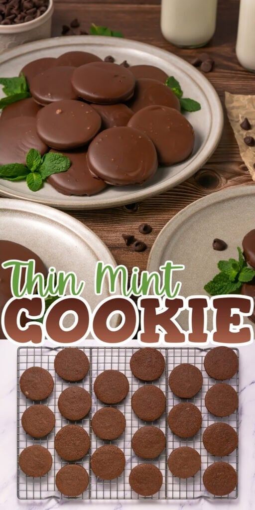 Plates and a cooling rack of chocolate-covered thin mint cookies with mint leaves.