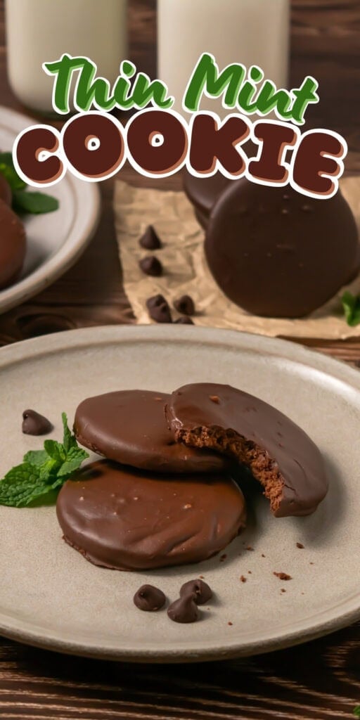 Two chocolate-covered cookies on a plate, one with a bite taken out.