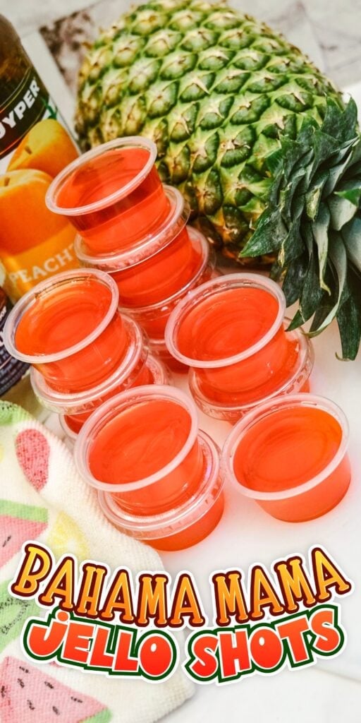 Stacks of red jello shots with a pineapple and the text Bahama Mama Jello Shots.