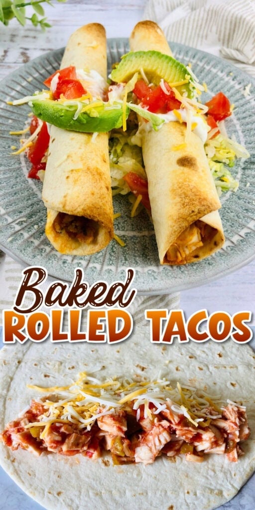 Two baked rolled tacos on a plate, plus a tortilla filled with chicken and cheese.