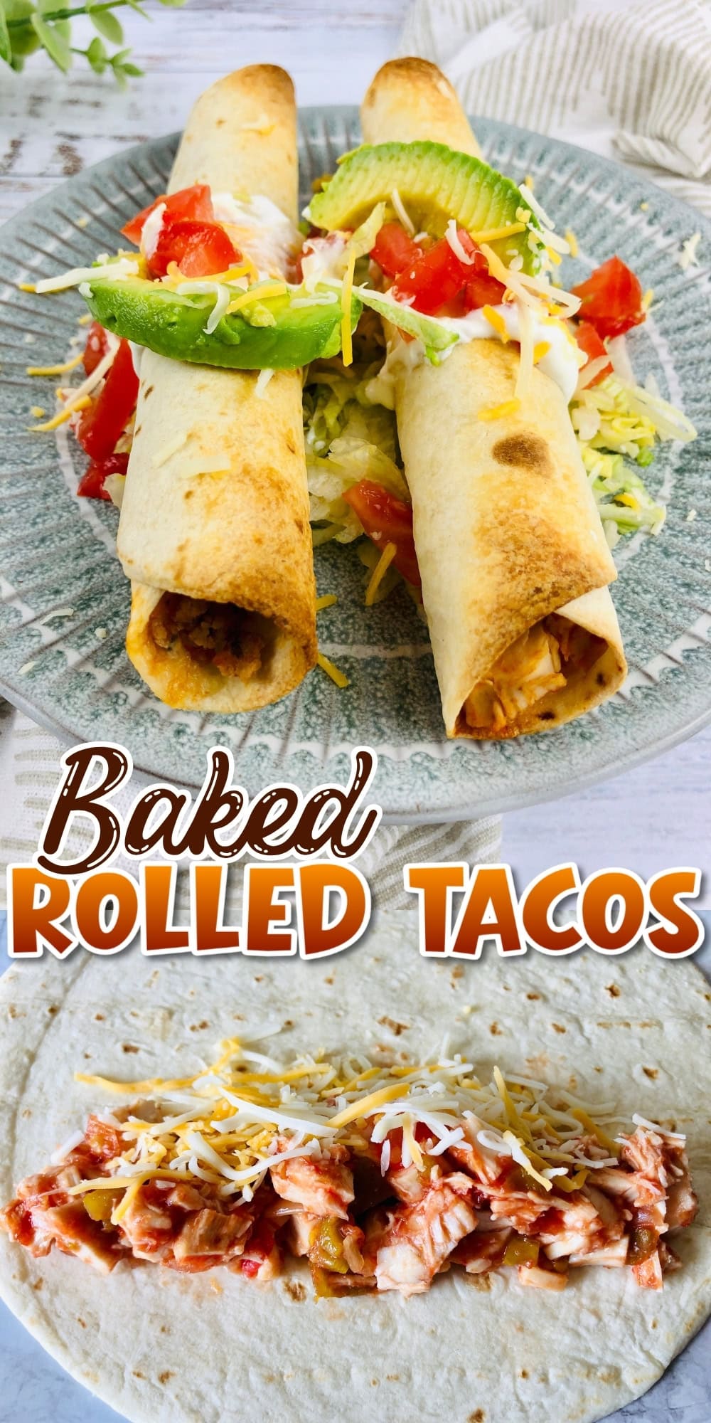 Two baked rolled tacos on a plate, plus a tortilla filled with chicken and cheese.