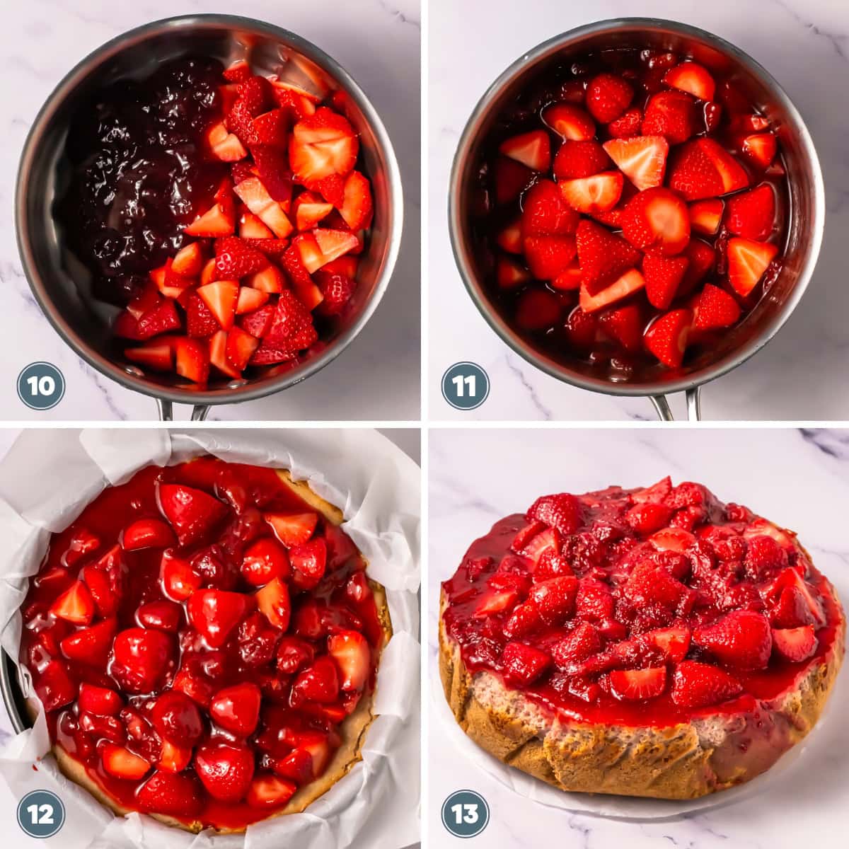 Strawberries and glaze being added to a cheesecake.