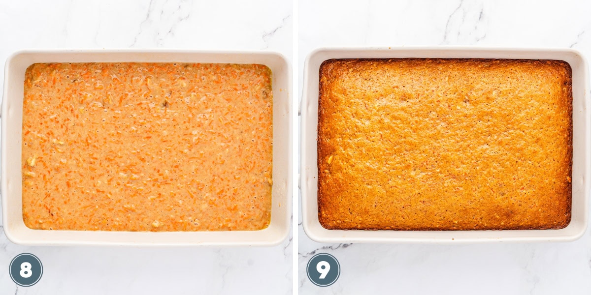 Side-by-side of carrot cake batter before baking and golden cake after baking.