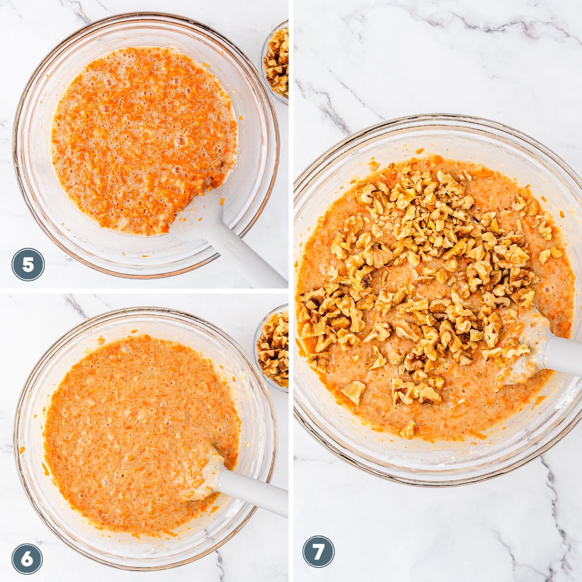 Three bowls show carrot cake batter in stages, with chopped walnuts in the last bowl.