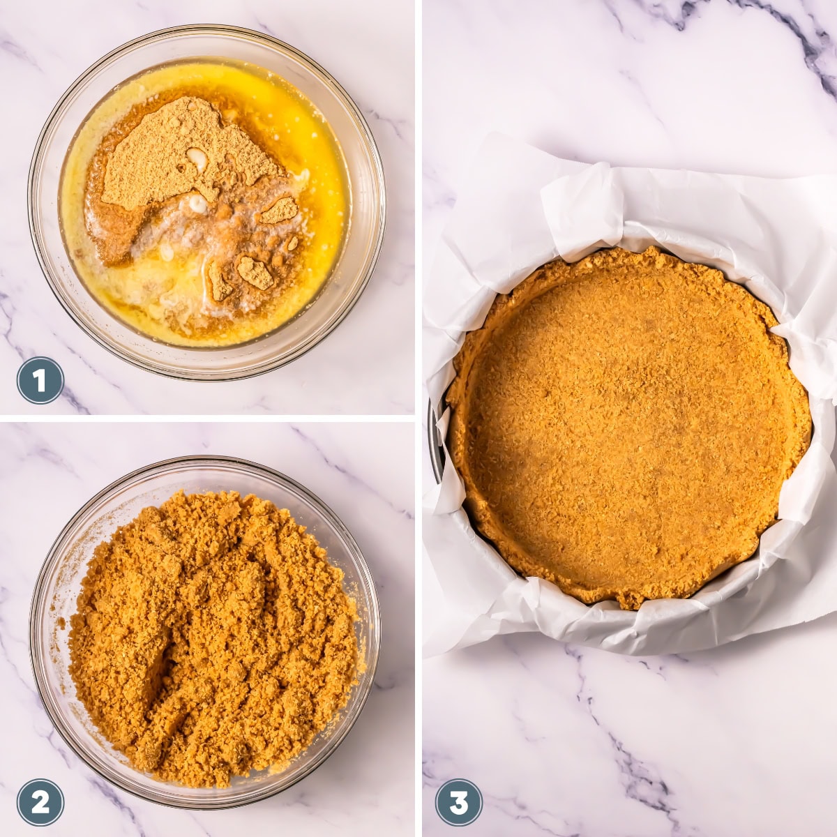 Making a graham cracker crust in a round pan.