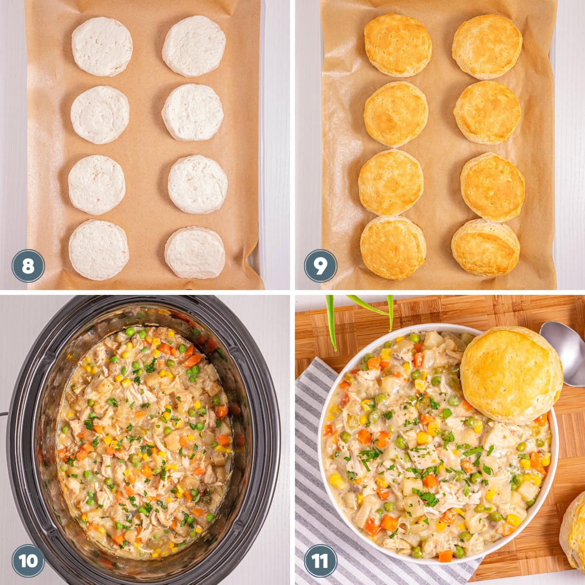 Biscuits before and after baking, stew in slow cooker, served dish.