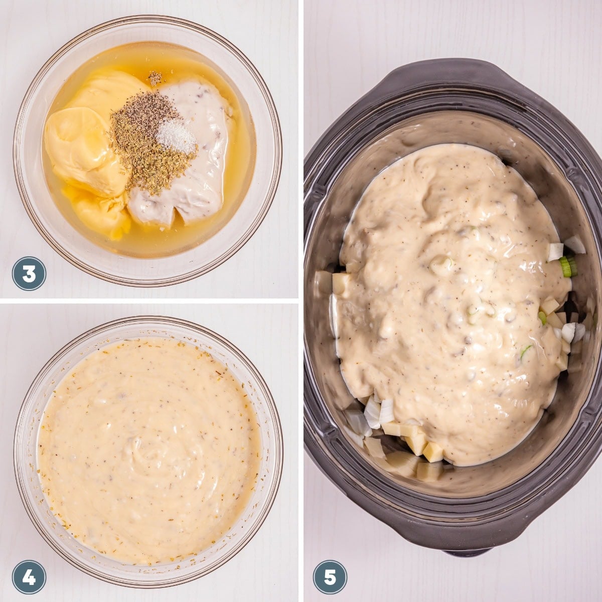 Three bowls with creamy mixture at different stages; mixture poured into a slow cooker.
