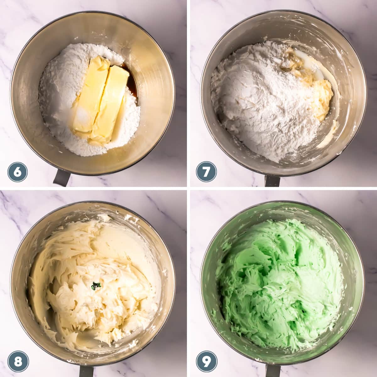 Four bowls show stages of mixing frosting, the last tinted light green.