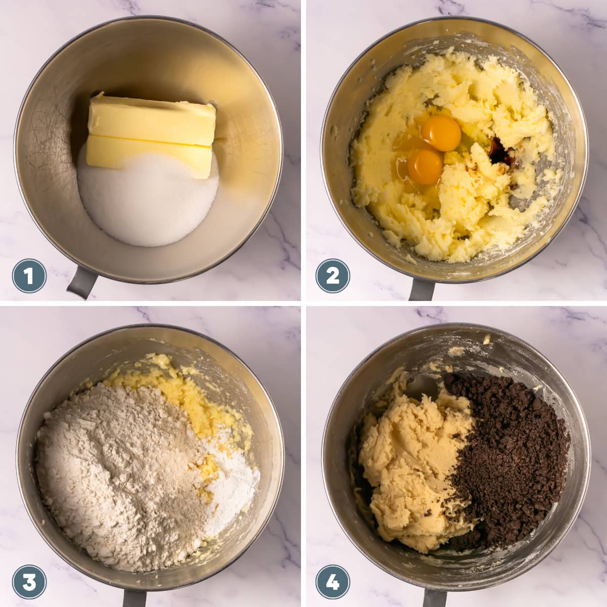 Cookie dough making process, from butter and sugar to chocolate chips.