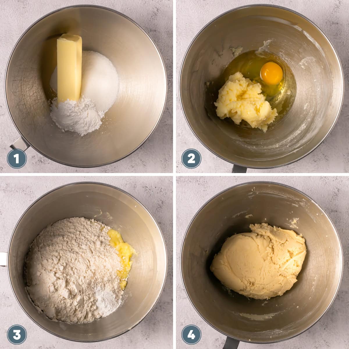 Mixing of cookie dough in a metal bowl.