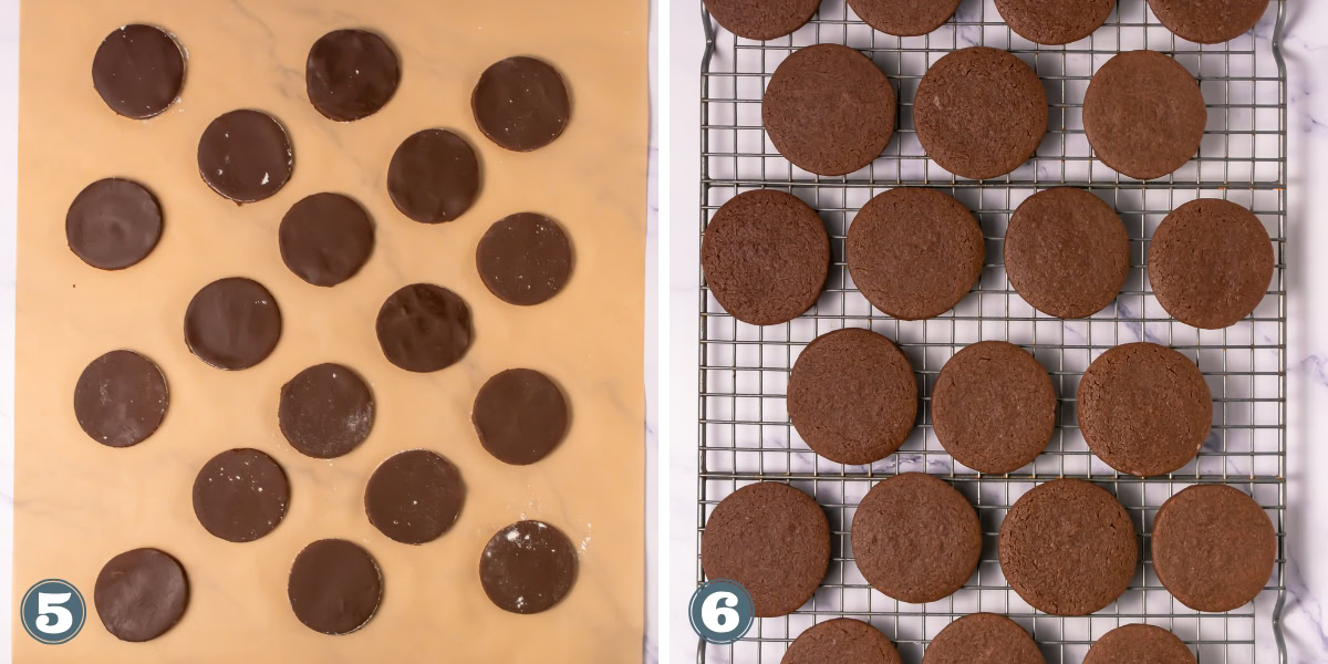 Unbaked chocolate cookies, and baked cookies cooling on a wire rack.