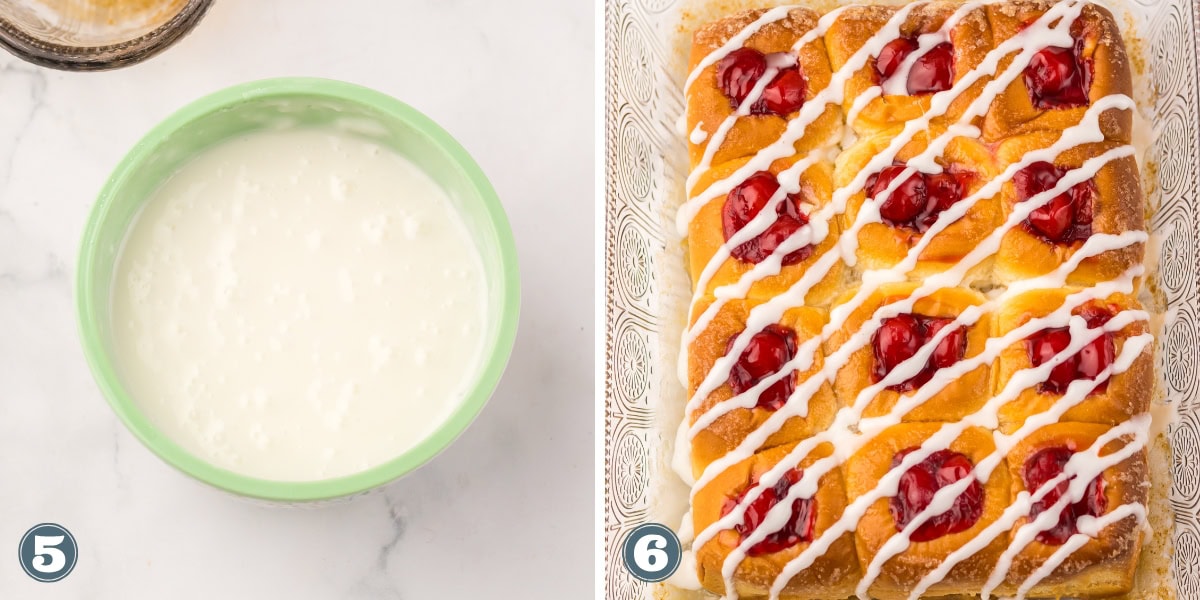 Bowl of white icing, and cherry pie bars drizzled with icing.