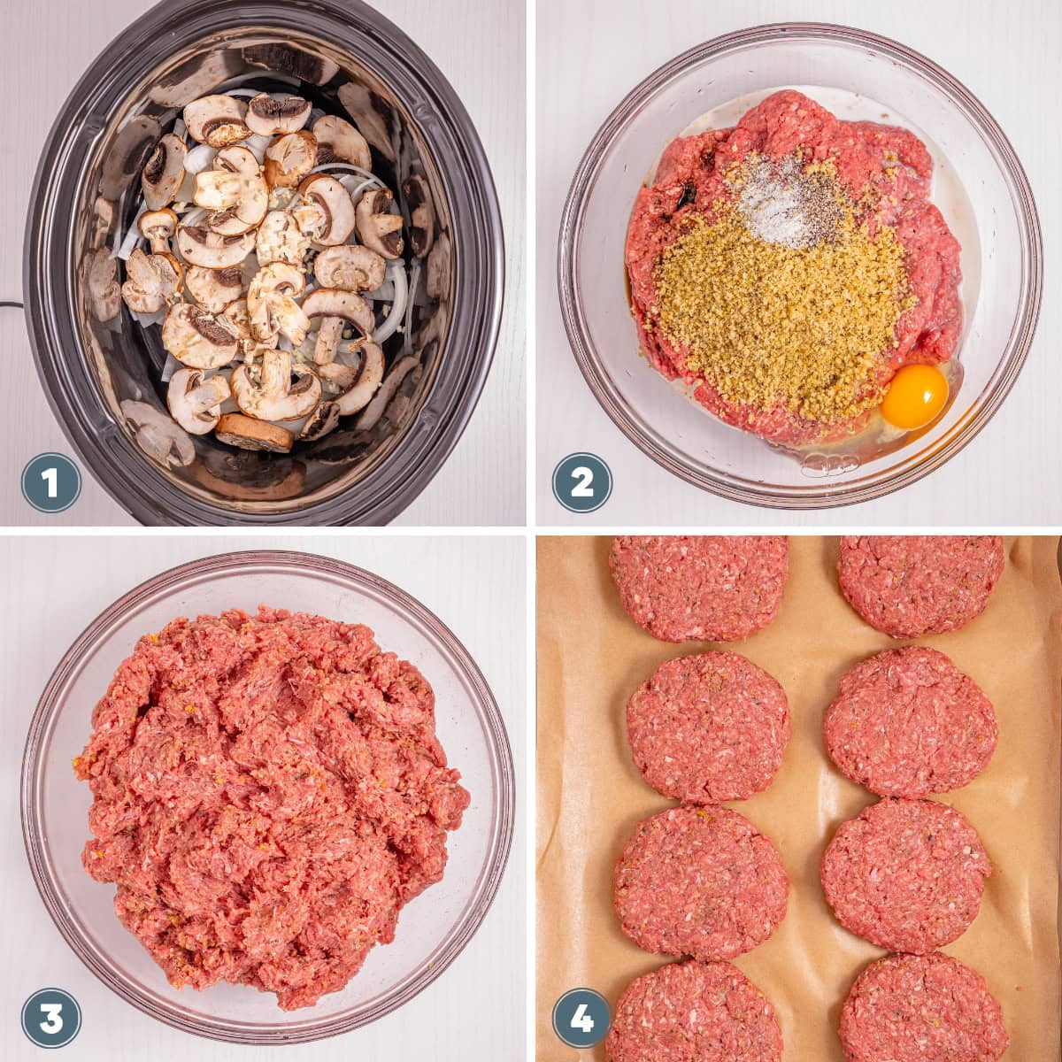 1. Sliced mushrooms in a slow cooker, 2. Meat, egg, and breadcrumbs in a bowl, 3. Mixed meat, 4. Formed patties on parchment.