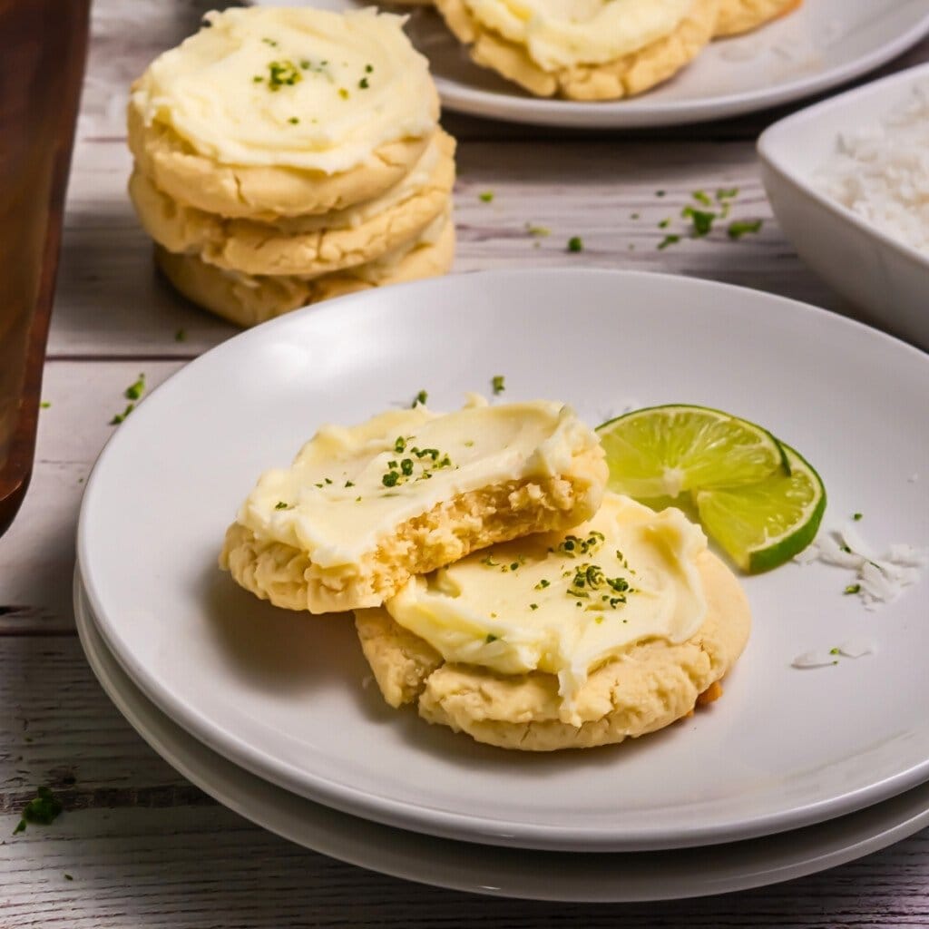 Two frosted cookies with lime garnish on a white plate, one with a bite taken.
