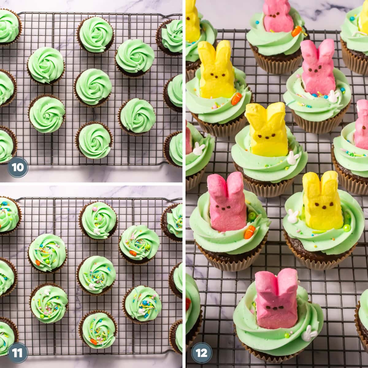 Chocolate cupcakes with green frosting, sprinkles, and bunny marshmallow toppers.